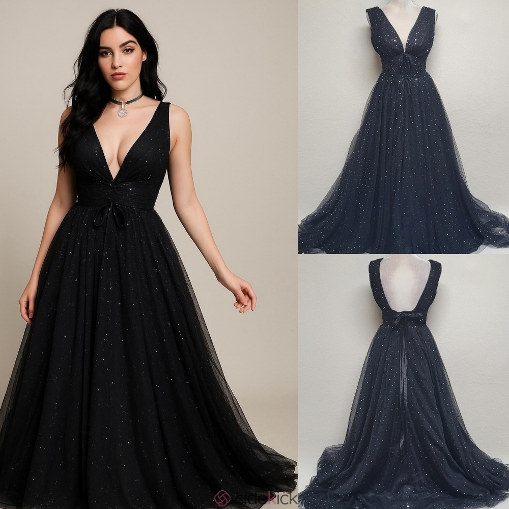 90s Vintage Black Mesh Tulle Silver Star Plunging Neckline Lace-up Formal Dress